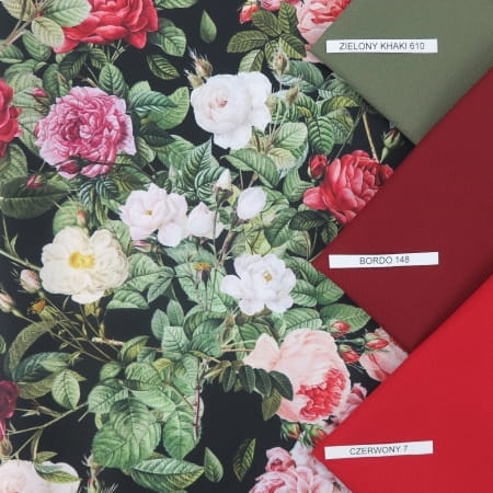 KANINA WODOODPORNA Róże w liściach na czarnym.jpg