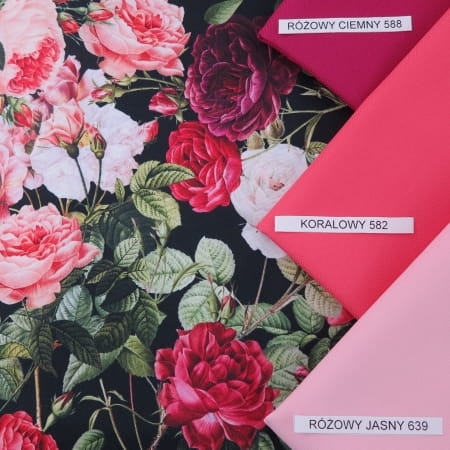 TKANINA WODOODPORNA Róże w liściach na czarnym.jpg