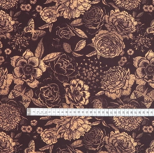 TKANINA WODOODPORNA Kwiaty ornament na brązowym
