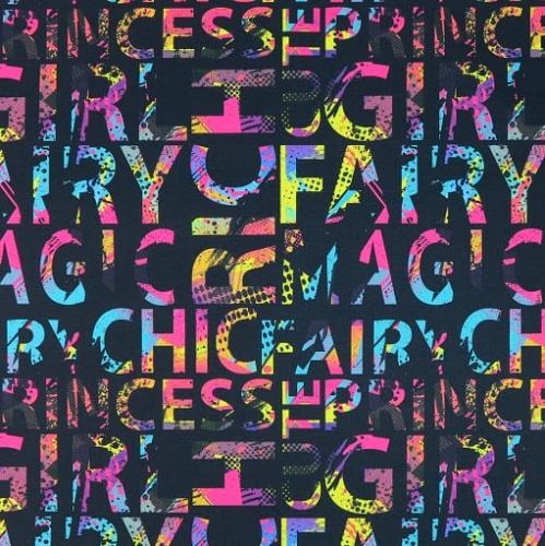 TKANINA WODOODPORNA Kolorowe napisy na czarnym tle