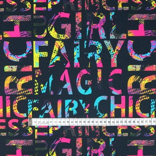 TKANINA WODOODPORNA Kolorowe napisy na czarnym tle