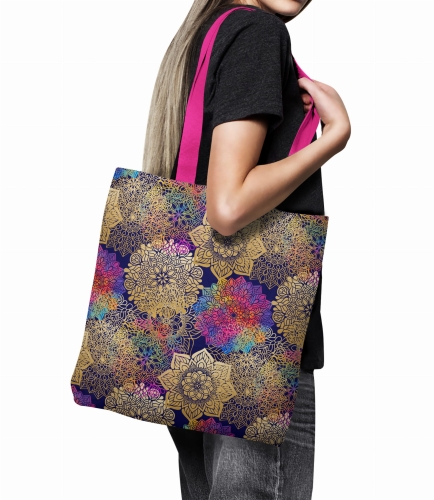 TKANINA WODOODPORNA Mandale tęczowe na granatowym