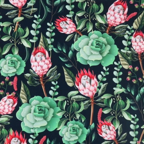 TKANINA WODOODPORNA Kwiaty - sukulenty na czarnym [6-8]