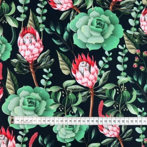 TKANINA WODOODPORNA Kwiaty - sukulenty na czarnym