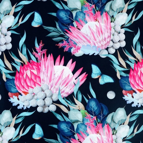 TKANINA WODOODPORNA Kwiaty egzotyczne z motylami na ciemnym granatowym