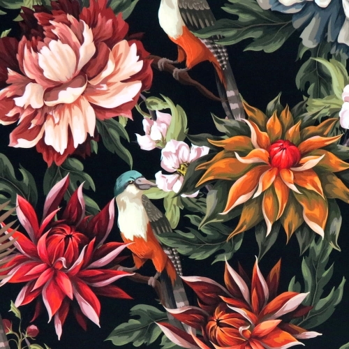 WELUR TAPICERSKI Ptaki i piwonie na czarnym