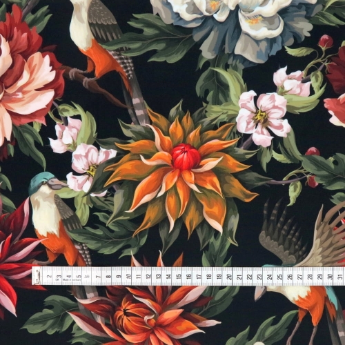 WELUR TAPICERSKI Ptaki i piwonie na czarnym