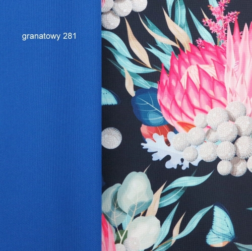 TKANINA WODOODPORNA Kwiaty egzotyczne z motylami na ciemnym granatowym