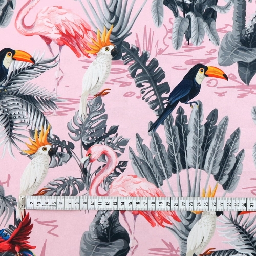 TKANINA WODOODPORNA Papugi i flamingi w dżungli