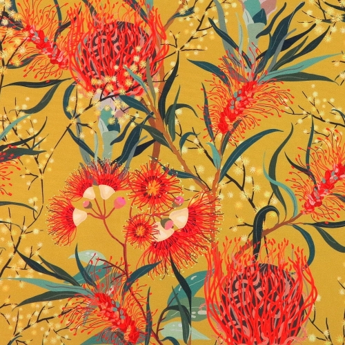 TKANINA WODOODPORNA Kwiaty australijskie na musztardowym