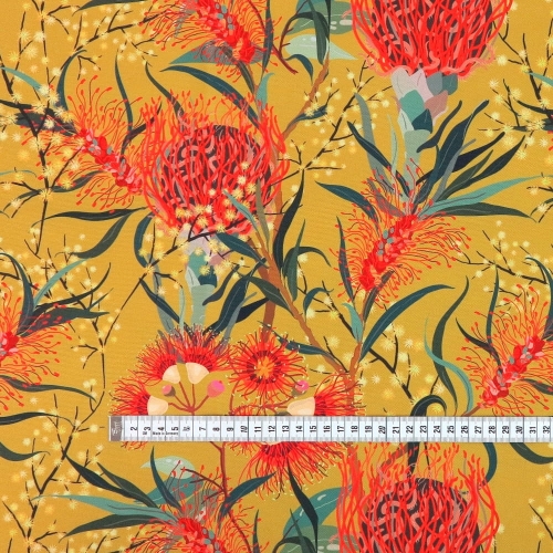 TKANINA WODOODPORNA Kwiaty australijskie na musztardowym