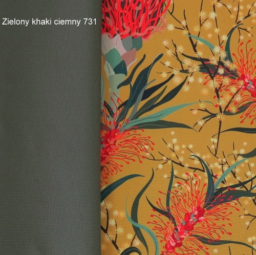 TKANINA WODOODPORNA Kwiaty australijskie na musztardowym