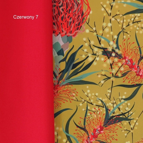 TKANINA WODOODPORNA Kwiaty australijskie na musztardowym