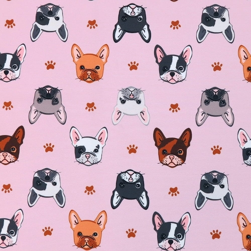 TKANINA WODOODPORNA Buldogi na różu [6-8]