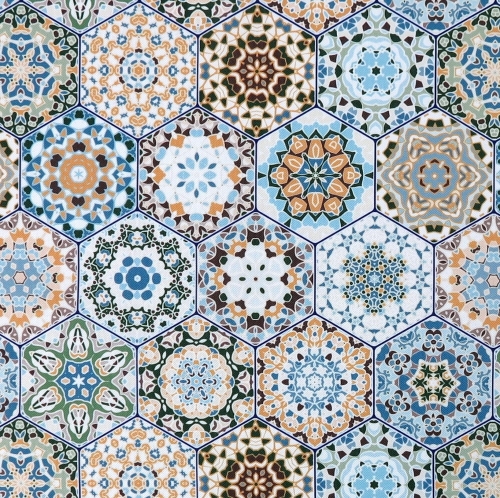 TKANINA WODOODPORNA Kafelki - heksagony zielono-beżowe [6-8]