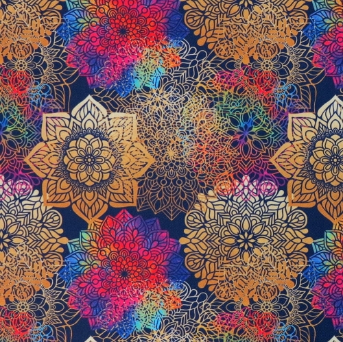 TKANINA WODOODPORNA Mandale tęczowe na granatowym