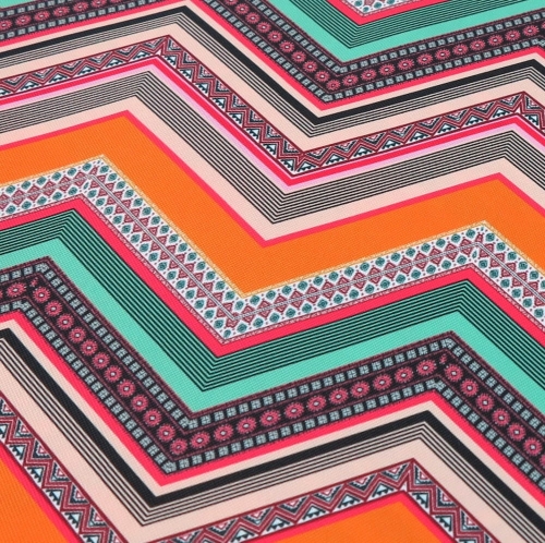 TKANINA WODOODPORNA Zygzak etno miętowo - pomarańczowy