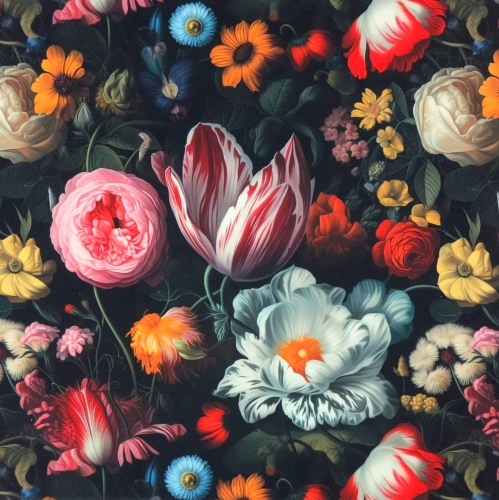 WELUR TAPICERSKI Tulipany w kwiatach na czarnym