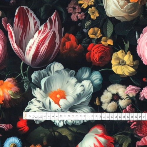 WELUR TAPICERSKI Tulipany w kwiatach na czarnym