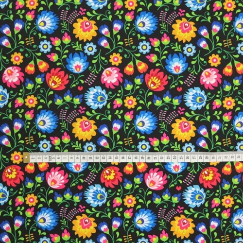 TKANINA WODOODPORNA Łowicz kolorowy na czarnym