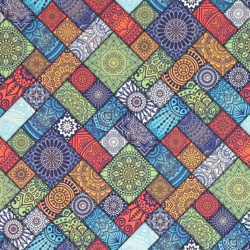 TKANINA WODOODPORNA Kafelki - mozaika zielono - pomarańczowa