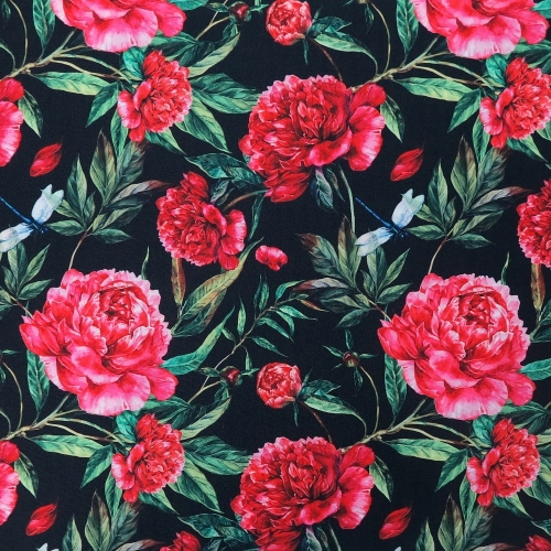 TKANINA WODOODPORNA OXFORD Czerwone piwonie na czarnym [6-8]