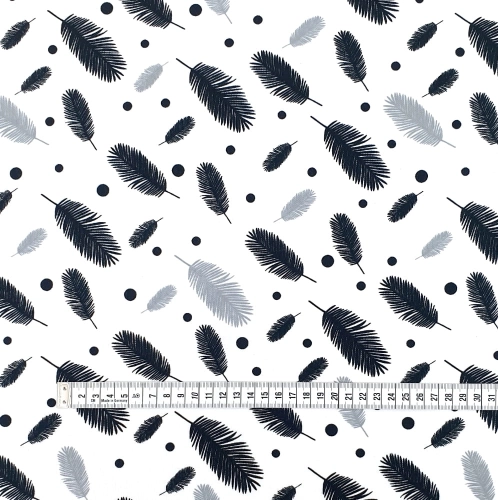 TKANINA WODOODPORNA Piórka czarno - szare na białym