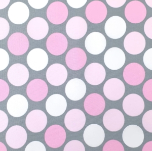 Kupon 0,9 TKANINA WODOODPORNA Grochy różowo-białe na szarym