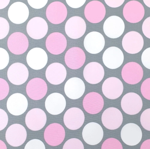 Kupon 0,9 TKANINA WODOODPORNA Grochy różowo-białe na szarym