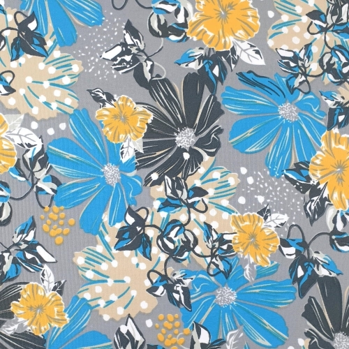 TKANINA WODOODPORNA Kwiaty niebiesko - żółte na szarym