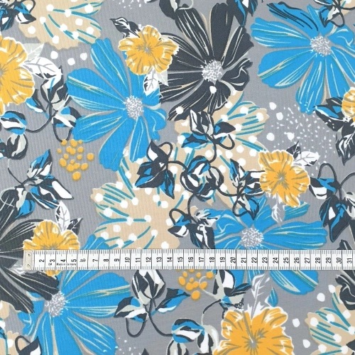 TKANINA WODOODPORNA Kwiaty niebiesko - żółte na szarym