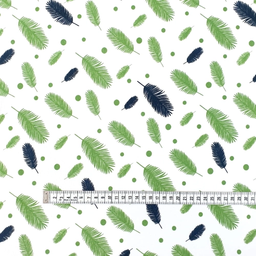 TKANINA WODOODPORNA Piórka zielono - czarne na białym