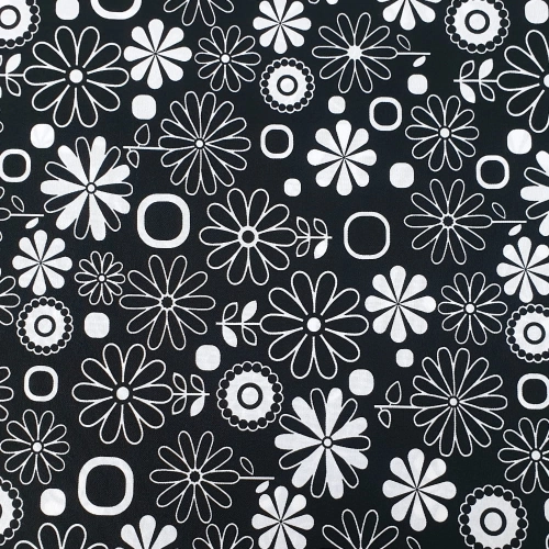 TKANINA WODOODPORNA OXFORD Szkicowane kwiaty na czarnym tle