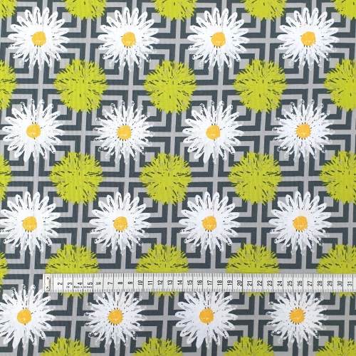 TKANINA WODOODPORNA Stokrotki biało - limonkowe