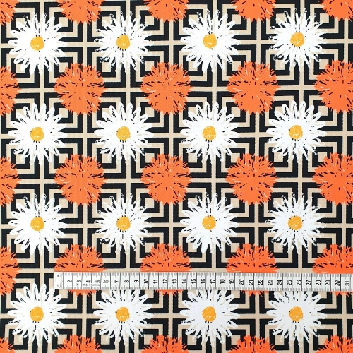 TKANINA WODOODPORNA Stokrotki biało - pomarańczowe