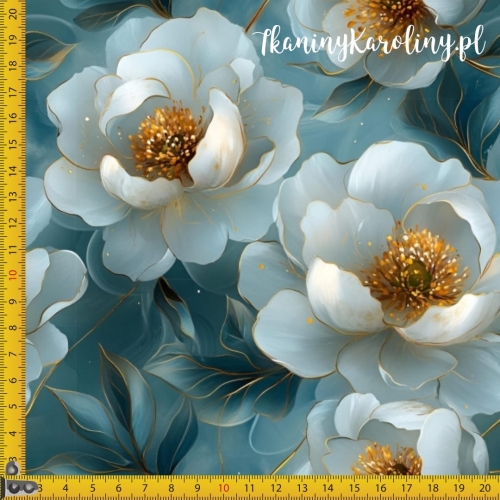 TKANINA WODOODPORNA OXFORD Piwonie perłowe 7 - na morskiej zieleni