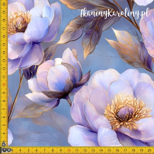 WELUR TAPICERSKI Piwonie perłowe 9 - fioletowe kwiaty na niebieskim tle [6-8]