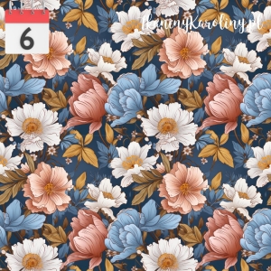 TKANINA WODOODPORNA OXFORD Kwiaty vintage niebiesko białe na granacie [6]