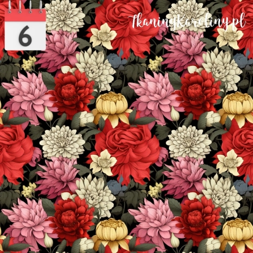 WELUR TAPICERSKI Kwiaty vintage mix czerwone różowe na czarnym  [6]