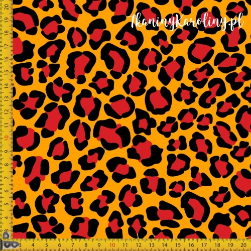 TKANINA WODOODPORNA OXFORD Panterka czerwona na pomarańczowym