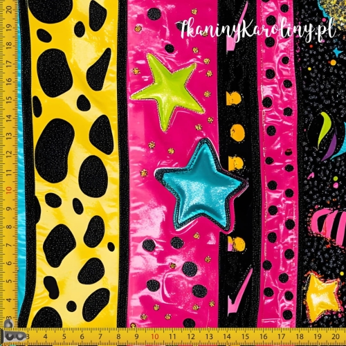 TKANINA WODOODPORNA OXFORD Neonowa abstrakcja pasy z gwiazdkami