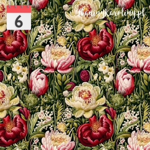 TKANINA WODOODPORNA OXFORD Piwonie haft vintage na czarnym