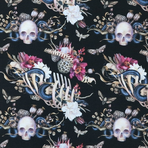 TKANINA WODOODPORNA Czaszki i węże z kwiatami na czarnym