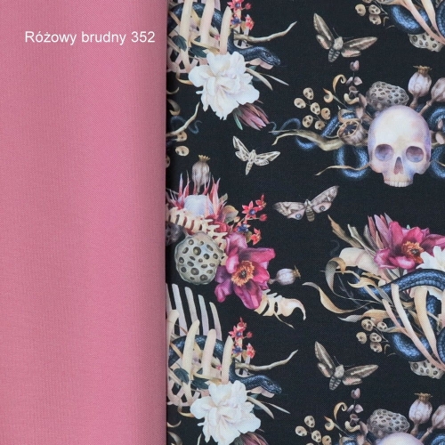 TKANINA WODOODPORNA Czaszki i węże z kwiatami na czarnym