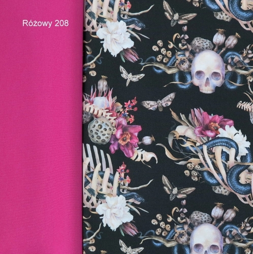 TKANINA WODOODPORNA Czaszki i węże z kwiatami na czarnym
