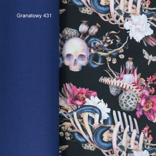 TKANINA WODOODPORNA Czaszki i węże z kwiatami na czarnym