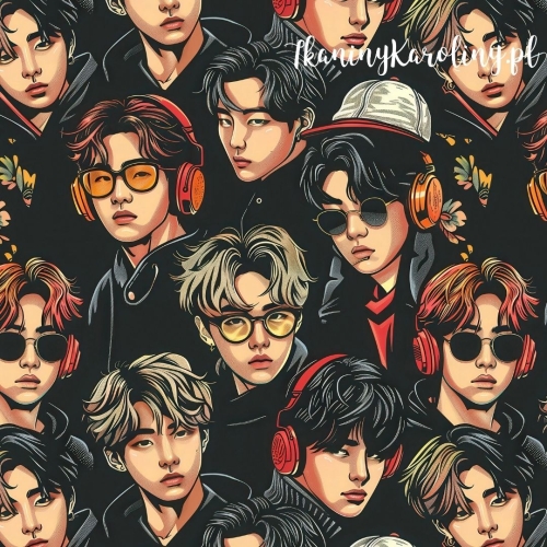 TKANINA WODOODPORNA OXFORD K-POP Chłopcy w czapkach i okularach na czarnym tle