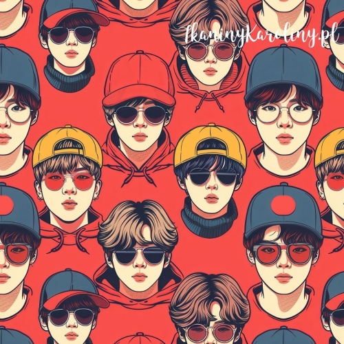 WELUR TAPICERSKI K-POP Chłopcy kolorowi w czapkach i okularach na czerwonym tle [6-8]