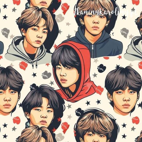 WELUR TAPICERSKI K-POP Chłopcy w czerwonych kapturach na jasnym tle