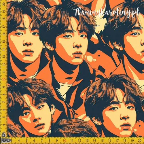 TKANINA WODOODPORNA OXFORD K-POP Chłopcy tricolor na pomarańczowym tle